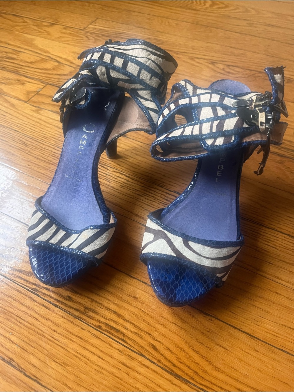 Jeffrey Campbell Blue and White Zebra-Print Ankle Strap Heels